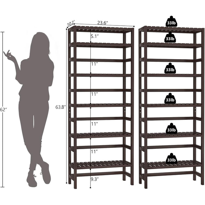 6-Tier Bamboo Bookshelves and Bookcases, Adjustable 63.4”Tall Shallow Book Shelf Organizer Rack, Freestanding Storage Shelving Unit for Living Room, Kitchen, Bathroom, Office, Espresso