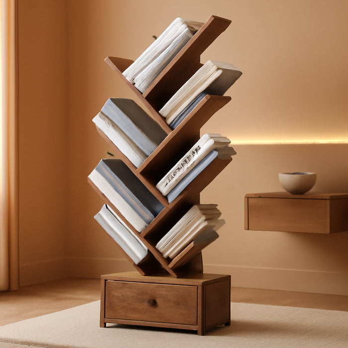 9 Tier Tree Book Shelf with Drawer, Floor Standing Bookshelf Storage Organizer Bookshelves for Books/Cds, 9 Shelf Narrow Bookcase for Sturdy Room, Bedroom, Living Room, Rustic Brown