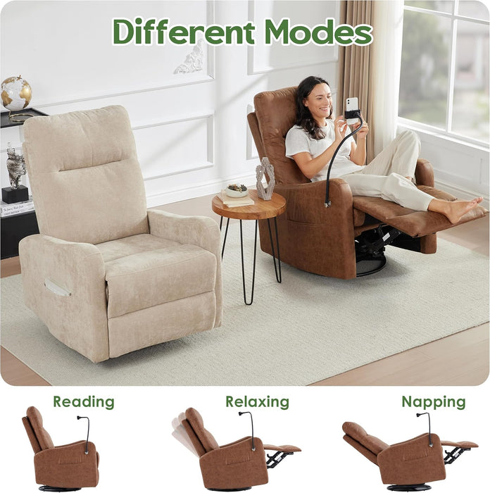 Oversized Recliner Chair, Leather Swivel Rocking Chair Reclining with Phone Holder, Ergonomic Lazy Boy Fabric Sofa Chair with Lumbar Support, Manual Glider Chair for Living Room, RV, Brown