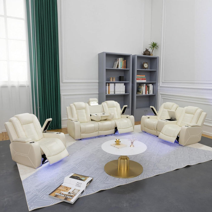 Power Recliner Sofa Set with LED, Leather Reclining Sofa Set, Living Room Furniture Set with USB Charging (Cream White Upgraded Version Total of 8 Cup Holders)