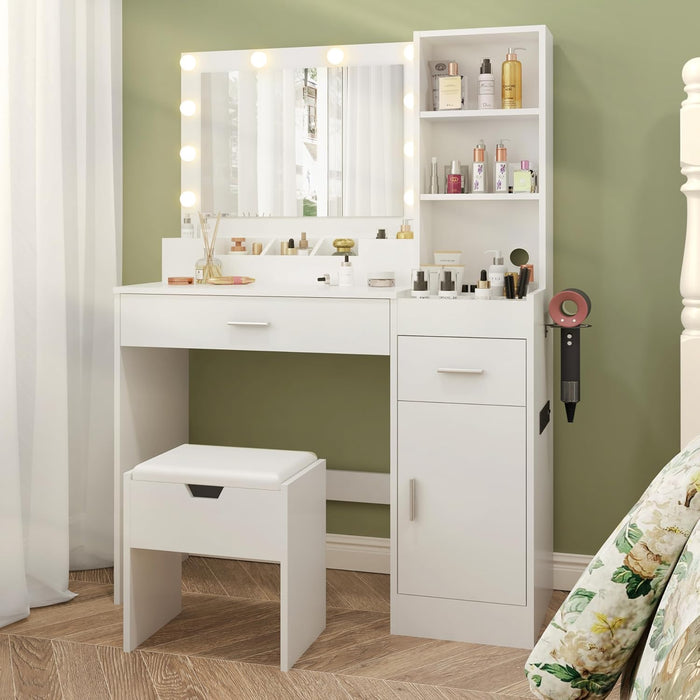 Vanity Desk with Mirror and Lights, 39.2"W X 15.5"D X 57.1"H White Makeup Vanity with Charging Station, Dressing Table with Storage Chair Set, 3 Lighting Modes Adjustable Brightness for Bedroom