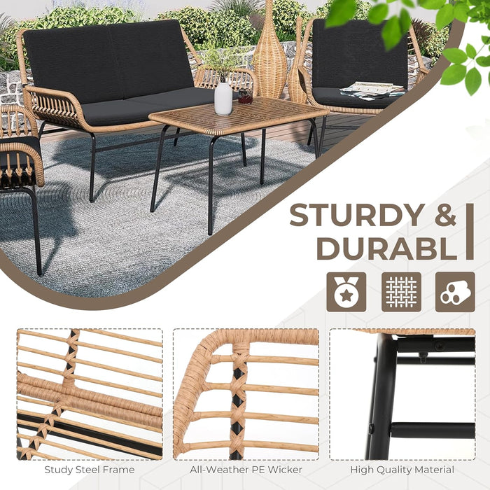 4 Piece Outdoor Patio Furniture Set, Rattan Conversation Sets, All-Weather Wicker Chairs with Cushions and Coffee Table, for Garden Balcony Courtyard Poolside