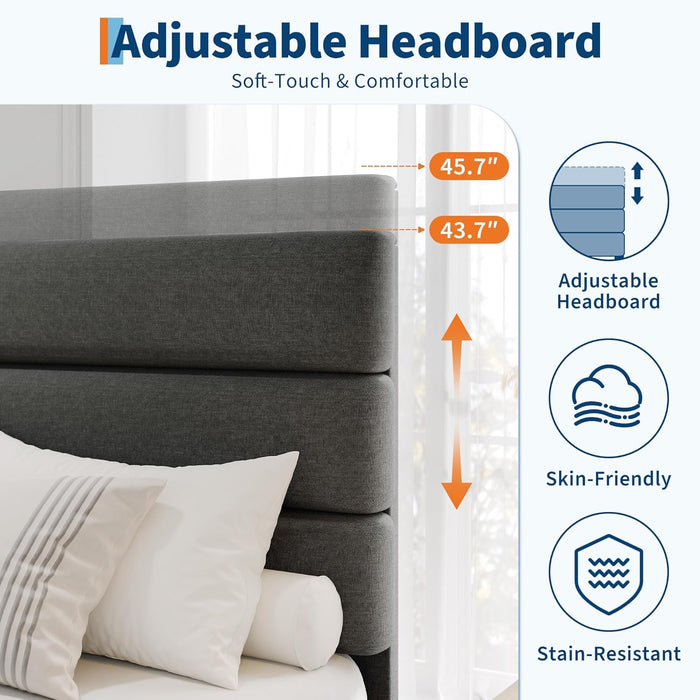 King Size Platform Bed Frame with Adjustable Headboard, Linen Fabric Upholstered and Wooden Slats Support, Heavy Duty Mattress Foundation, No Box Spring Needed, Easy Assembly, Dark Grey