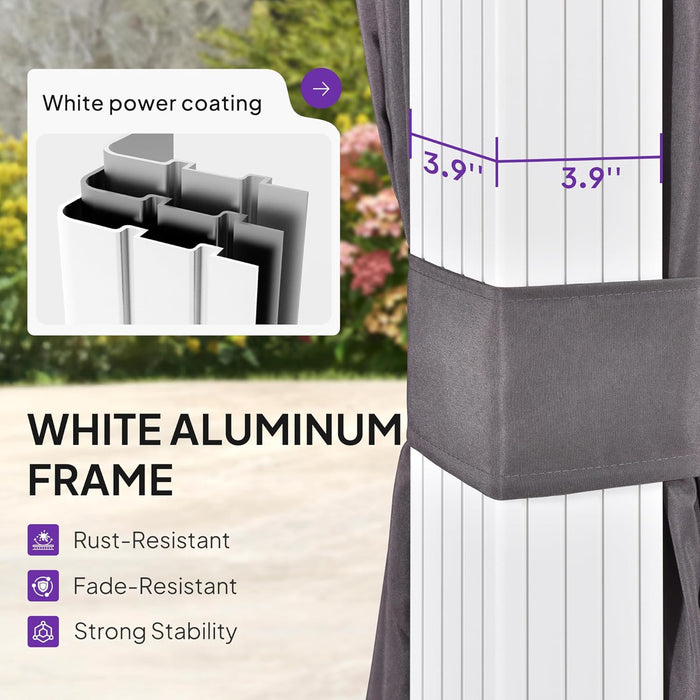 8' X 12' Hardtop Gazebo Metal Double Roof White Aluminum Frame Outdoor Heavy Duty Gazebo with Curtain and Netting for Patio Garden and Backyard, Grey