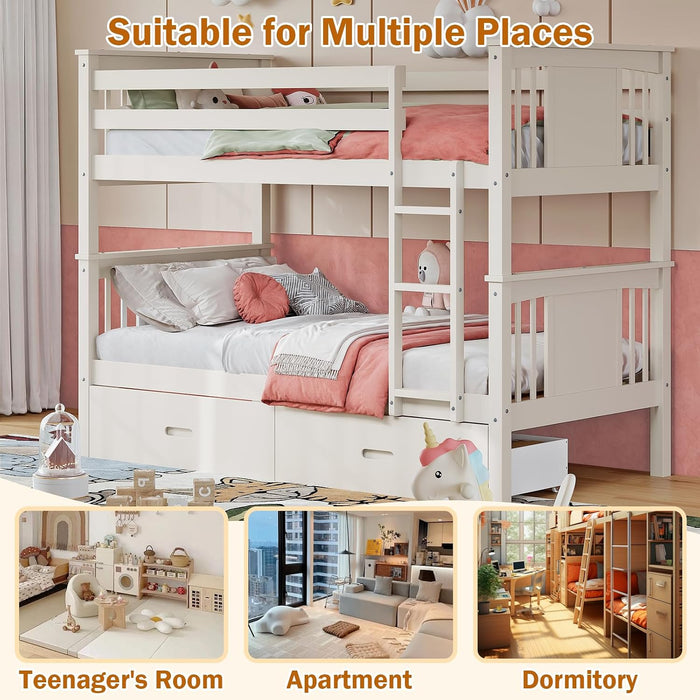Premium Solid Hardwood Twin Bunk Bed IntegratedDrawers