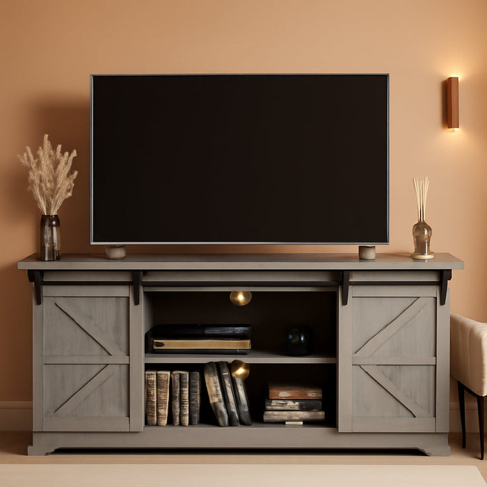 TV Stand for 65 Inch TV, Entertainment Center with Storage Cabinets and Sliding Barn Doors, Mid Century Modern Media TV Console Table for Living Room Bedroom (Pale Gray)