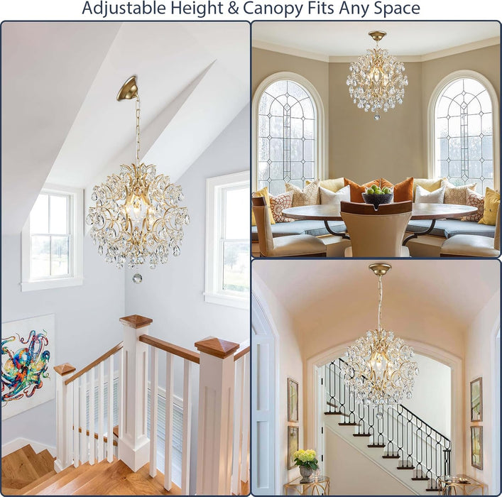 Modern Gold Pendant Chandelier Crystal Raindrop Lighting Ceiling Light Fixture Lamp for Dining Room Bathroom Bedroom Livingroom Entryway 3 E12 Bulbs Required D16 in X H18 In