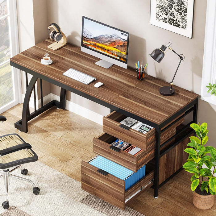 Computer Desk with 3 Drawers, 59-Inch PC Desk with Reversible Drawers, Industrial Study Writing Table Workstation with File Storage for Home Office, Walnut