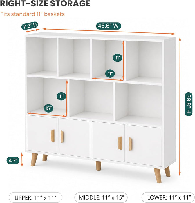 11-Cube Bookcase with Doors, 3-Tier Storage Cabient, Warm White | Solid Wood Legs and Door Handles, Cubby Shelf with 4 Doors, Fits 11×11" Bins for Home & Office