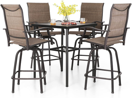 5 Piece Patio Bar Set, High Top Outdoor Table and Chairs for 4 with Swivel Padded Bar Stools outside and Square Metal Bar Bistro Table for Garden, Deck and Poolside