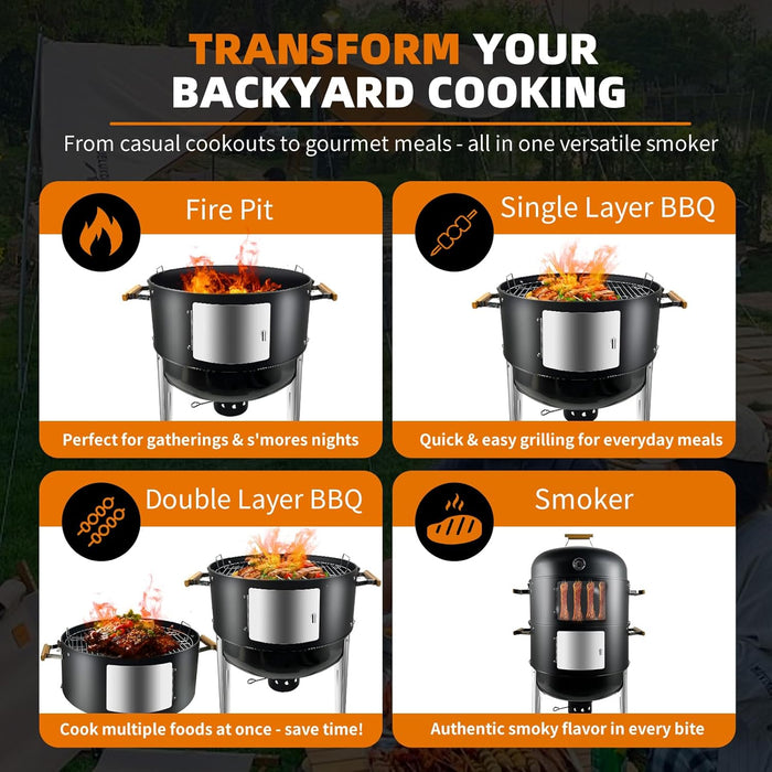 Vertical Charcoal Smoker Grills: Premium 20.5 Inch BBQ Meat Smokers - Barbecue Charcoal Grill Smoker Combo for Outdoor Cooking Patio Backyard Picnic Party Grilling