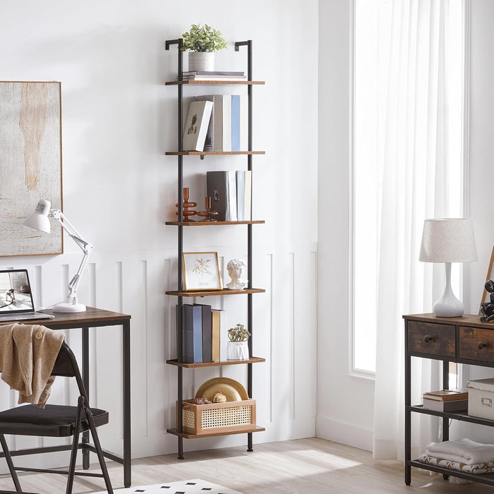 DIY Ladder Shelf, 6-Tier Wooden Wall Mounted Bookshelf, Narrow Bookcase, Display Shelf, Storage Rack, Plant Stand, for Living Room, Bedroom, Study, Balcony, Rustic Brown and Black BF651CJ01