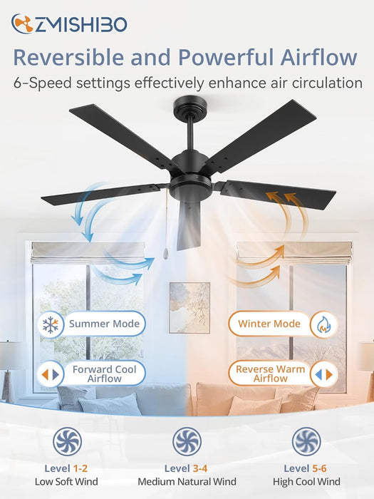52 Inch Ceiling Fan No Light with Pull Chain, Modern Ceiling Fan without Lights, 6-Speeds, Quiet DC Motor, Remote Control, Black Ceiling Fan for Bedroom, Living Room, Indoor/Outdoor Use