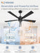 52 Inch Ceiling Fan No Light with Pull Chain, Modern Ceiling Fan without Lights, 6-Speeds, Quiet DC Motor, Remote Control, Black Ceiling Fan for Bedroom, Living Room, Indoor/Outdoor Use