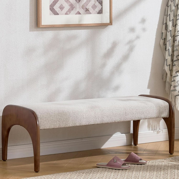 Modern 51" Wide Ottoman Bench, Long Entryway Bedroom Bench with Solid Wood Legs and Sherpa Upholstered Dining Bench Storage Bench for Living Room Indoor, Kitchen, Beige