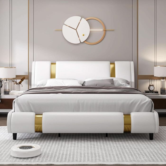 Modern Faux Leather Upholstered Platform Bed Frame with Golden Iron Metal Decor, Adjustable Curved Headboard, Wooden Slats Support, No Box Spring Needed, Queen Size, White