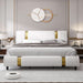 Modern Faux Leather Upholstered Platform Bed Frame with Golden Iron Metal Decor, Adjustable Curved Headboard, Wooden Slats Support, No Box Spring Needed, Queen Size, White