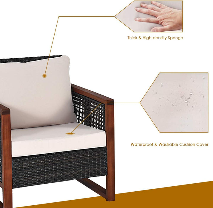 3 Pieces Outdoor Patio Furniture Set Wicker Chairs with Coffee Table, Balcony Porch Furniture Bistro Set with Wood Frame and Washable Cushions for Garden Poolside Backyard