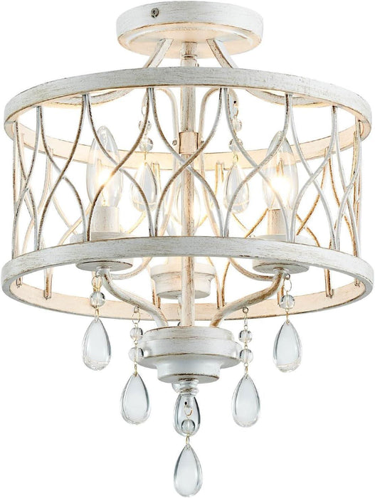 Farmhouse Crystal Ceiling Light Fixture, 3-Light Semi Flush Mount Crystal Chandelier Light Fixture Rustic Vintage White Pendant Ceiling Lamp for Hallway Corridor Kitchen Entryway Bedroom Living Room