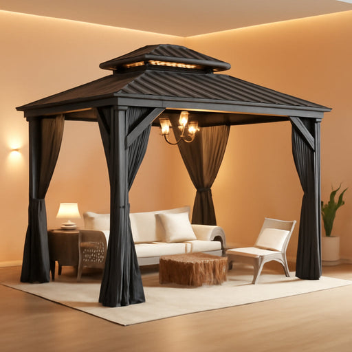 9.5X9.5Ft Outdoor Hardtop Gazebo with Double Roof - Aluminum Heavy-Duty Steel Top Gazebo with Breathable Netting & Privacy Curtain for Patio, Porch, Garden, Lawn, Deck, Backyard
