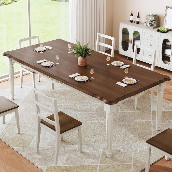 Elegantly Carved Dining Table,70.9" Solid Wood Kitchen Table for 6,Farmhouse Rectangle Table for 6 Persons,Carved Apron,Easy to Clean,Painted Finish,Fit Dining Room,Waterproof,Wn&Wt