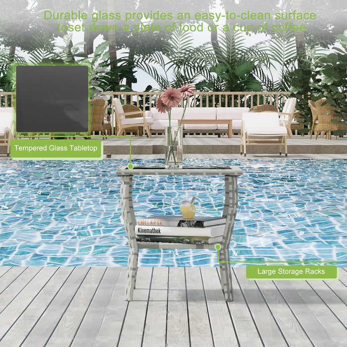 3 Piece Gray Wicker Patio Rocking Chair Set, Bistro Rocking Set, Outdoor Conversation Furniture with Porch Chairs and Glass Coffee Table, Slate Grey