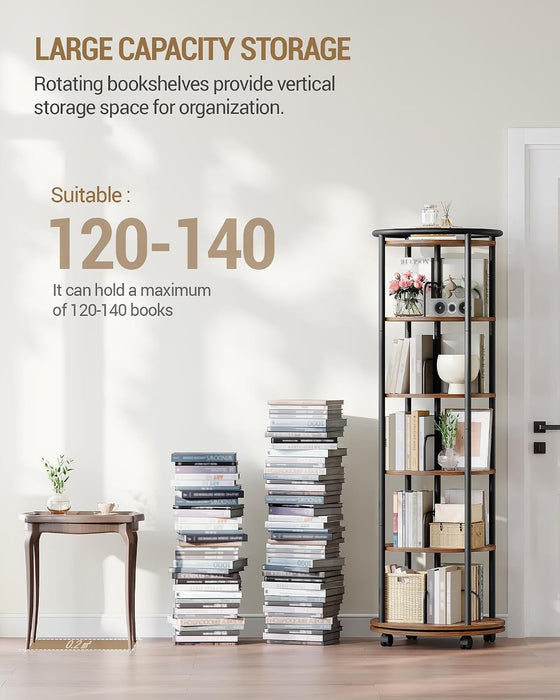 Rotating Bookshelf, 360° Spinning Bookshelf Tower,Round Book Shelf | Display Revolving Bookcase, Narrow Swivel Bookshelves for Small Space, Bedroom, Living Room, 6-Tier Rustic Brown, BC52101B