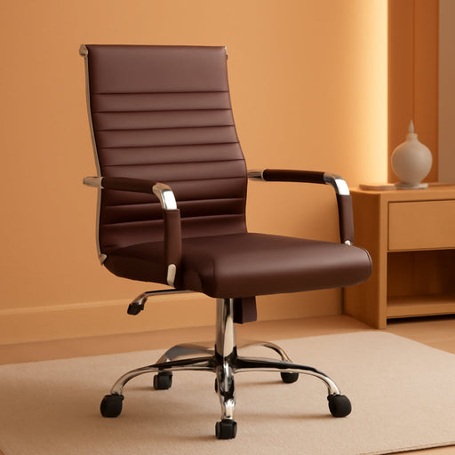 Ribbed Office Desk Chair Mid-Back PU Leather Executive Conference Task Chair Adjustable Swivel Chair with Arms (Brown)