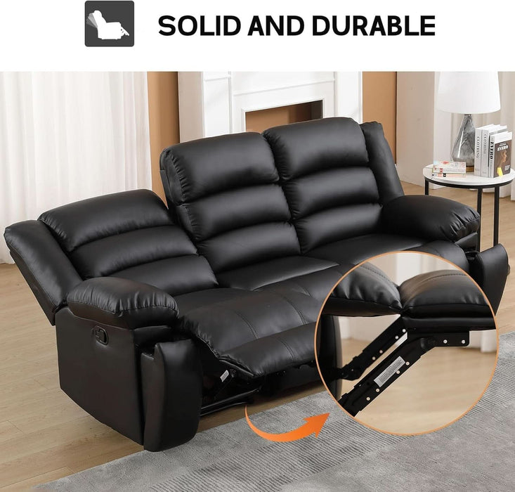 Faux Leather Manual Reclining Sofa with 2 Concealed Cup Holders, Overstuffed Armrest 3 Seat Recliner Sofa, Couch for Living Room, Meeting Room, Bedroom, Black