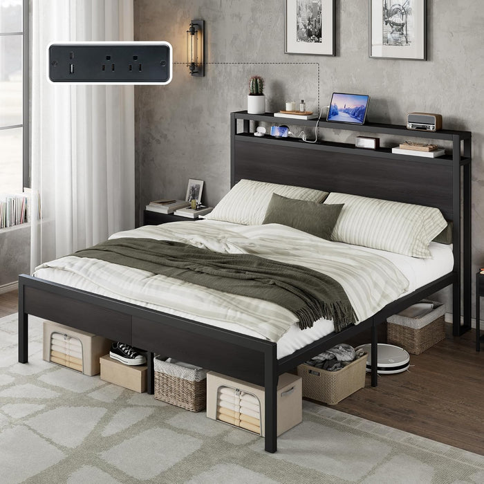 Full Size Bed Frame with Storage Headboard & Charging Station, Industrial Metal Platform Bed with Large Under-Bed Storage, Heavy Duty Slats, No Box Spring Needed, Black