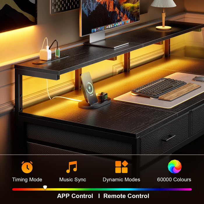 47 Inch Computer Desk with 8 Storage Drawers, Gaming Desk with LED Lights & USB Power Outlets, Home Office Table with Monitor Stand, Study Writing Work Table for Bedroom, Black