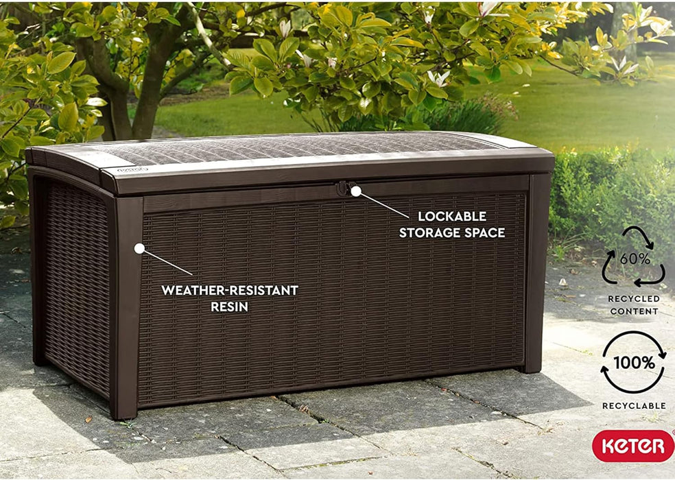 Outdoor Storage Deck Box, for Patio, Backyard & Garden, Borneo, 110 Gallon, Brown - Lockable, Organizing, and Waterproof Plastic Container Bench