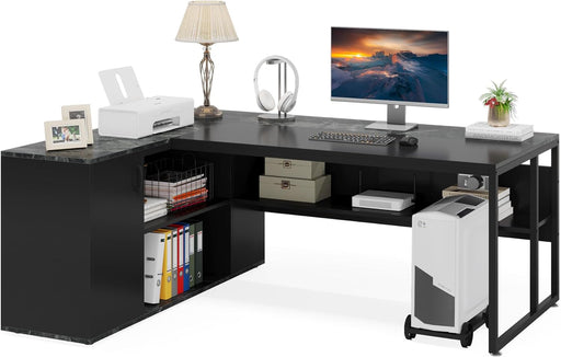Large Executive Desk with File Cabinet, 71 Inch L Shaped Computer Desk Office Desk with Drawers and Storage Shelves, Business Furniture Desk Workstation for Home Office, Black