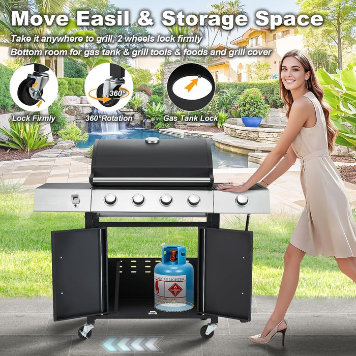 Upgraded 44,000 BTU Stainless Steel Burner Barbecue Grill, 4 Burner BBQ Propane Gas Grill with Side Stove & Cast Iron Grates for Patio, Camping, Outdoor Cooking