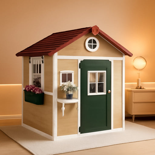 Outdoor Kids Playhouse, Wooden Playhouse with Doors, Windows, Planter Pots and Boxes for Toddlers 3-8 Years, Cottage Play House for Backyard, DIY Chicken Coop, Beige