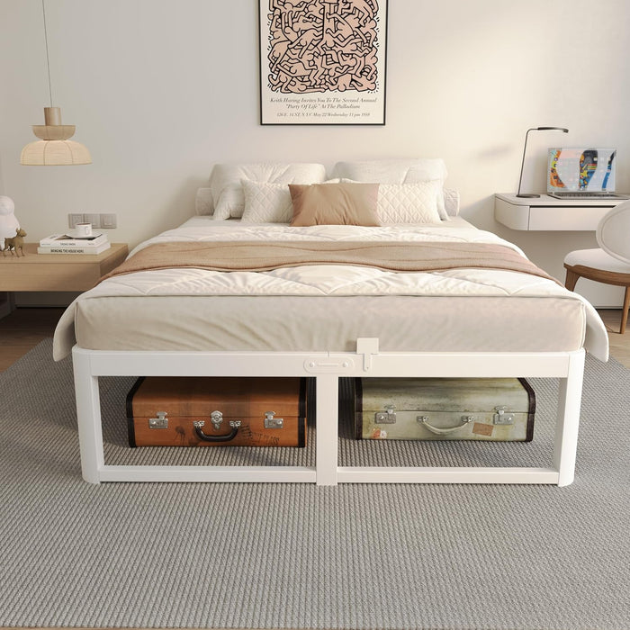 Queen Bed Frame, 16 in Reinforced Heavy Duty Metal Platform Bed, White