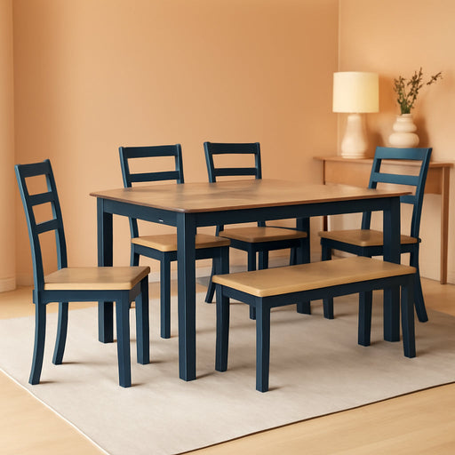 Gesthaven Casual Dining Room Table Set with 4 Chairs and Bench, Set of 6, Mango Wood, 30.25" Table Height, Blue & Light Brown