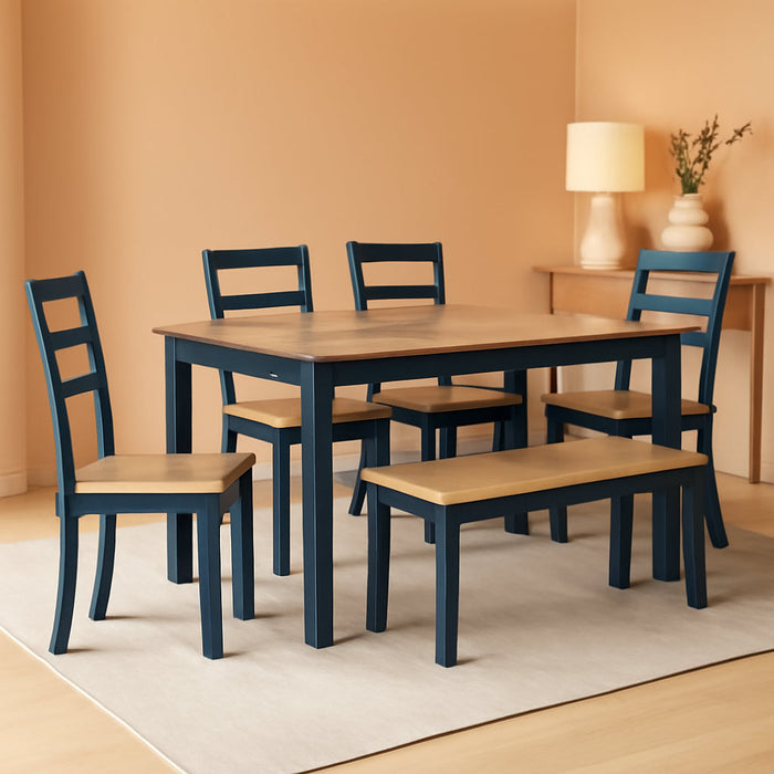 Gesthaven Casual Dining Room Table Set with 4 Chairs and Bench, Set of 6, Mango Wood, 30.25" Table Height, Blue & Light Brown
