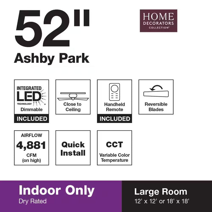 Ashby Park 52 In. White Color Changing Integrated LED Matte Black Indoor Ceiling Fan with Light Kit and Remote Control