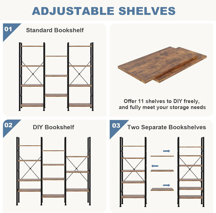 Wide Adjustable Bookshelf With Industrial Modular Panels