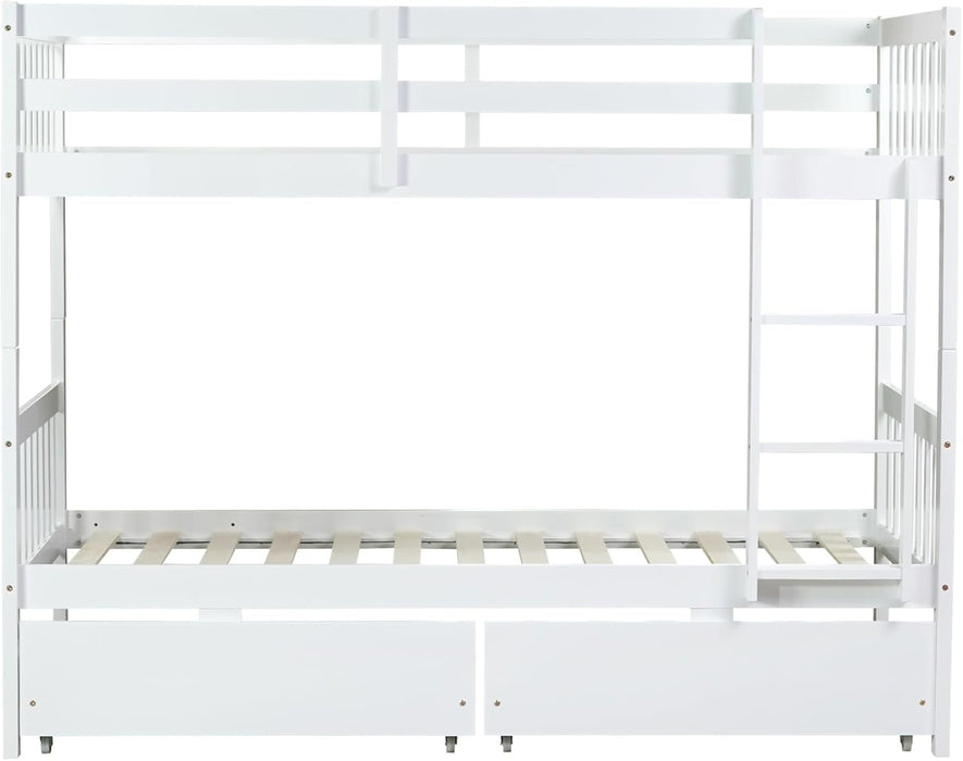 Twin over Twin Wood Bunk Bed with 2 Drawers for Girls,Boys,Convertible into 2 Beds,Wood Bunk Bed with Ladder and Safety Guardrails,No Box Spring Needed, White