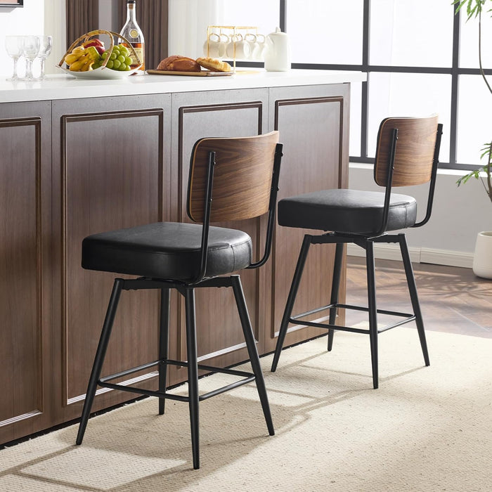 26" Swivel Bar Stools Set of 2, Upholstered PU Leather Barstools with Wood Backs and Metal Legs, Counter Height Barstool for Kitchen Island & Outdoor Bar Stools, Black
