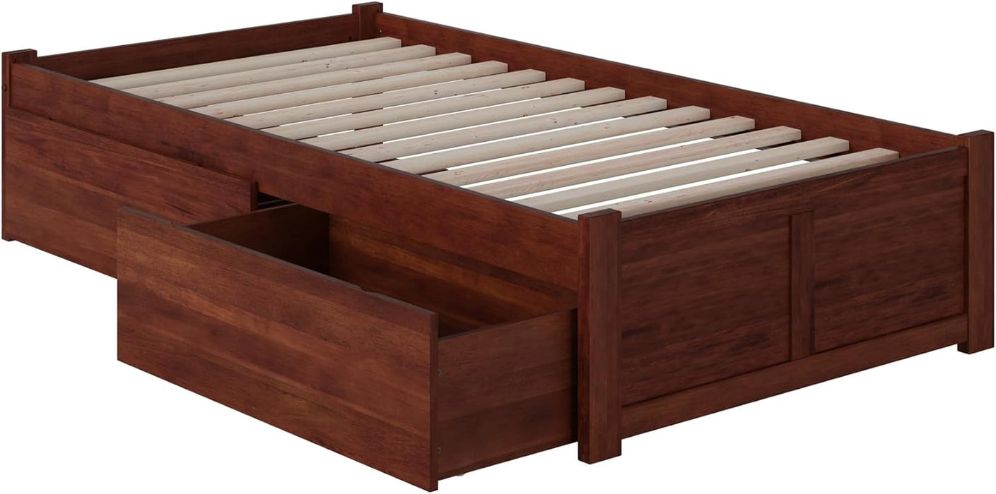 Concord Twin XL Size Platform Bed with Footboard & Storage Drawers in Walnut