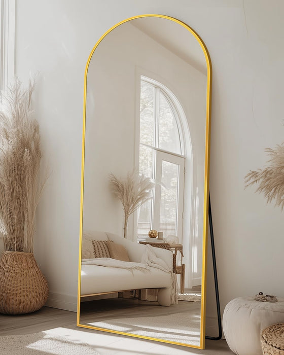 58"X18" Arched Full Length Mirror with Stand, Full Body Mirror with Aluminum Frame, Freestanding/Leaning/Wall-Mounted, Floor Mirrors for Bedroom, Living Room, Entryway, Dressing Room, Gold