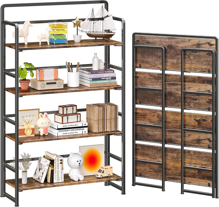 No Assembly Extra Wide 4 Tier Folding Bookshelf Storage Shelves Vintage Bookcase Standing Racks for Bedroom Living Room Home Office