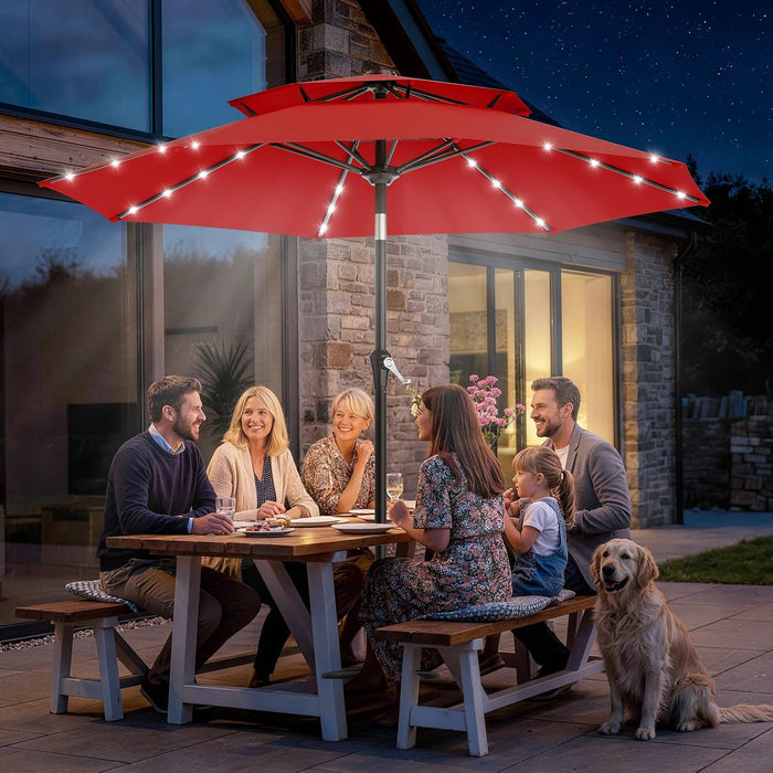 9Ft 2 Tiers Patio Umbrella with Solar Lights, Outdoor Umbrella W/ 32 LED Lights&8 Sturdy Ribs, Table Umbrella for Deck, Backyard, Pool(Red)