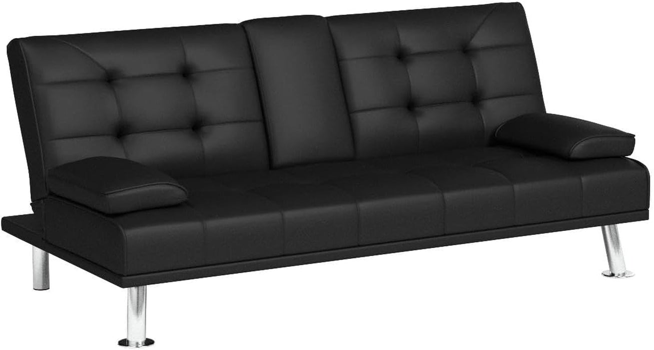 Futon Sofa Bed Modern Folding Futon Set Convertible Recliner Lounge for Living Room with 2 Cup Holders, Removable Armrests (PU Leather, Black)