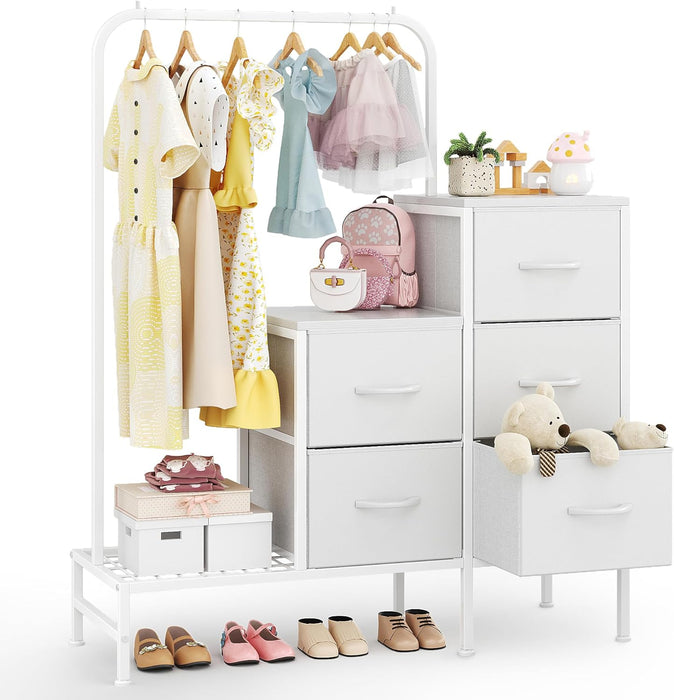 Dresser for Bedroom with Hanging Rack, 5 Drawers Dresser with Clothes Rack, Fabric Dressers & Chest of Drawers with PU Finish Storage Organizer, for Living Room Closet, White