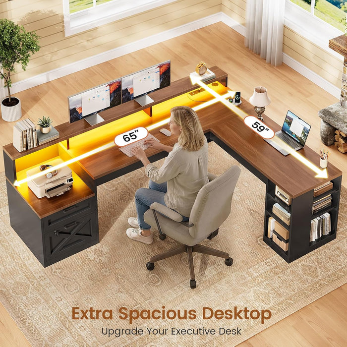 65"X59" L Shaped Desk with Lockable Drawers Storage for Home Office