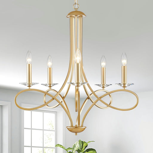 Gold Five Light Chandelier Fixture Crystal Accents